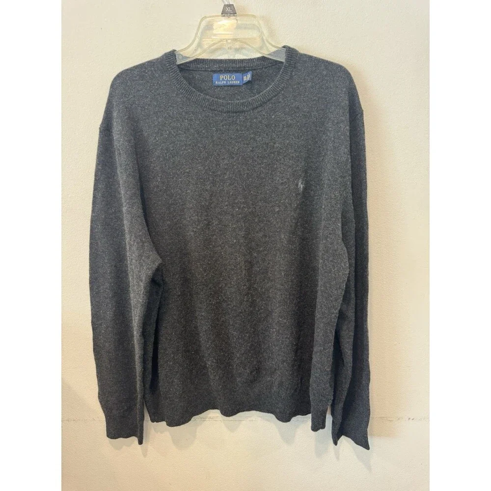 Polo Ralph Lauren Mens XXL Grey Italian Yarn Merino Wool Crew Neck Sweater Pony